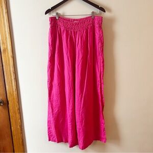 Anthropologie Pink Wide Leg Linen Pants High Smocked Waist Ankle Fit Size LT